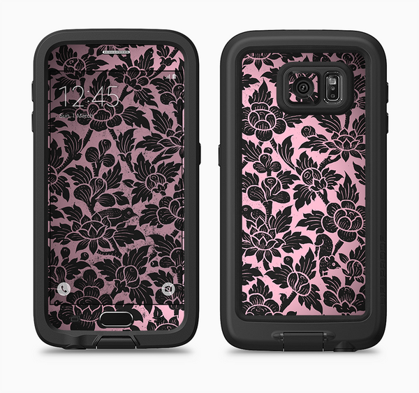 The Black & Pink Floral Design Pattern V2 Full Body Samsung Galaxy S6 LifeProof Fre Case Skin Kit