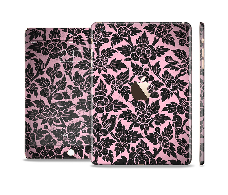 The Black & Pink Floral Design Pattern V2 Full Body Skin Set for the Apple iPad Mini 3