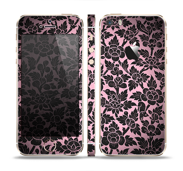 The Black & Pink Floral Design Pattern V2 Skin Set for the Apple iPhone 5s