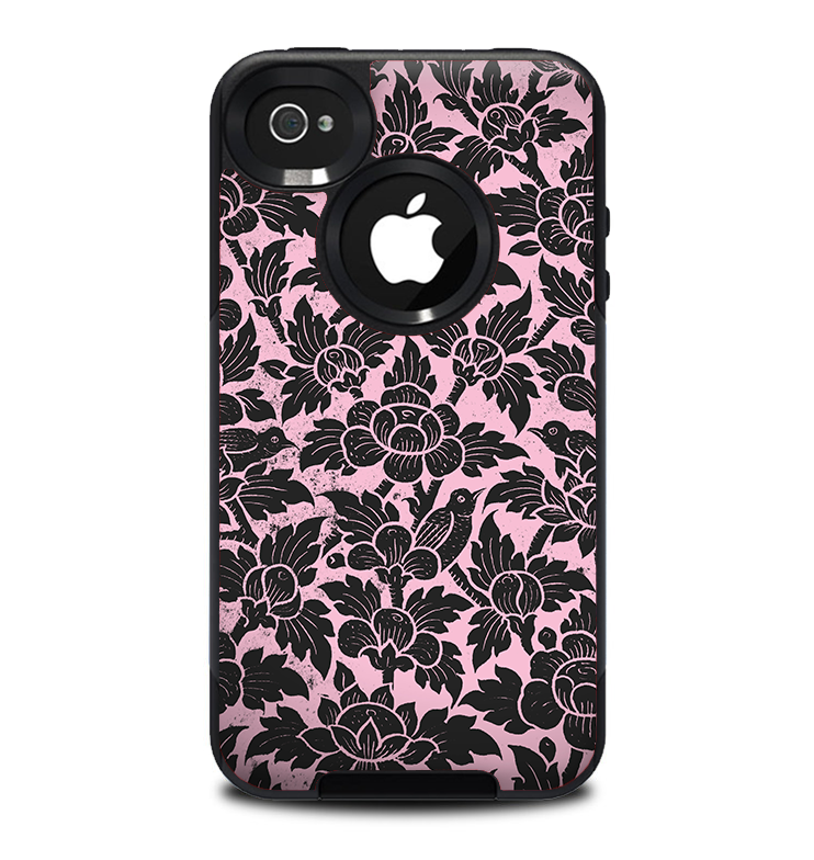 The Black & Pink Floral Design Pattern V2 Skin for the iPhone 4-4s OtterBox Commuter Case