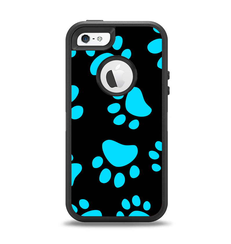The Black & Turquoise Paw Print Apple iPhone 5-5s Otterbox Defender Case Skin Set