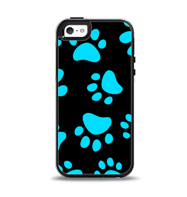 The Black & Turquoise Paw Print Apple iPhone 5-5s Otterbox Symmetry Case Skin Set