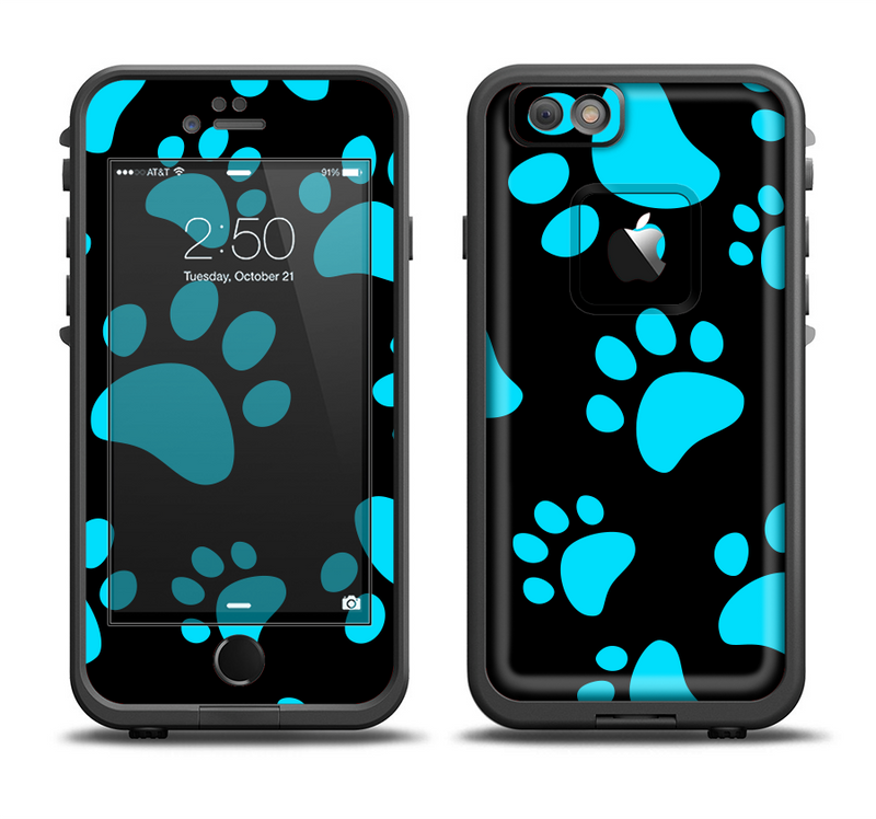 The Black & Turquoise Paw Print Apple iPhone 6/6s Plus LifeProof Fre Case Skin Set