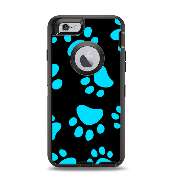 The Black & Turquoise Paw Print Apple iPhone 6 Otterbox Defender Case Skin Set