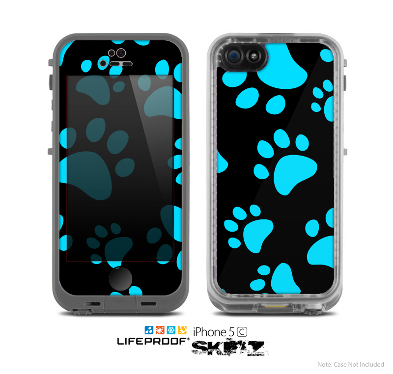 The Black & Turquoise Paw Print Skin for the Apple iPhone 5c LifeProof Case