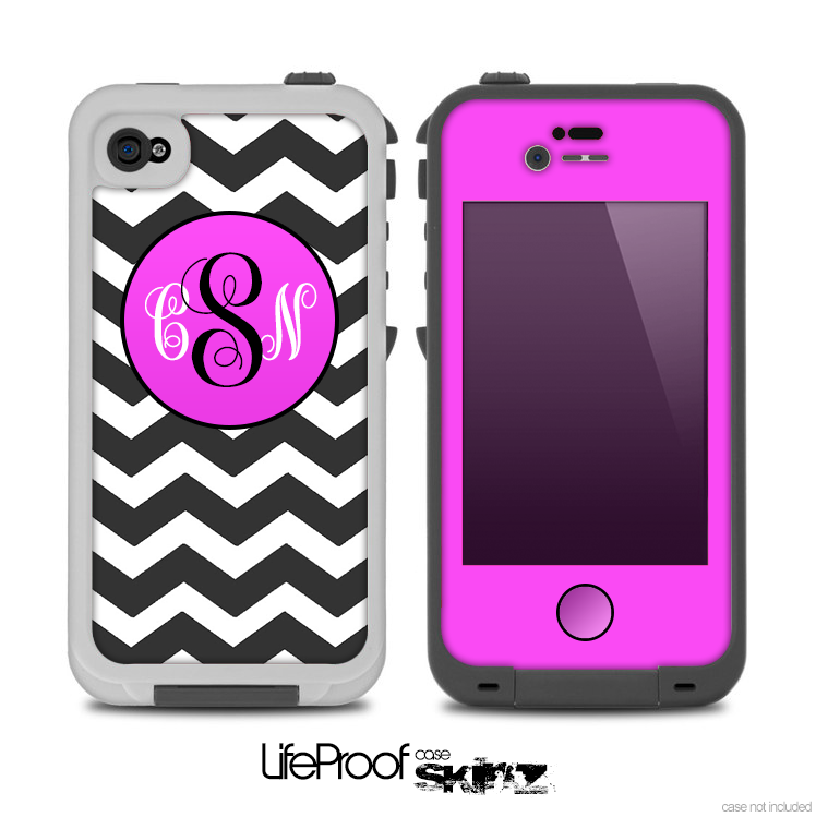 The Black & White Chevron Pattern with Pink Monogram Skin for the iPhone 4-4s LifeProof Case