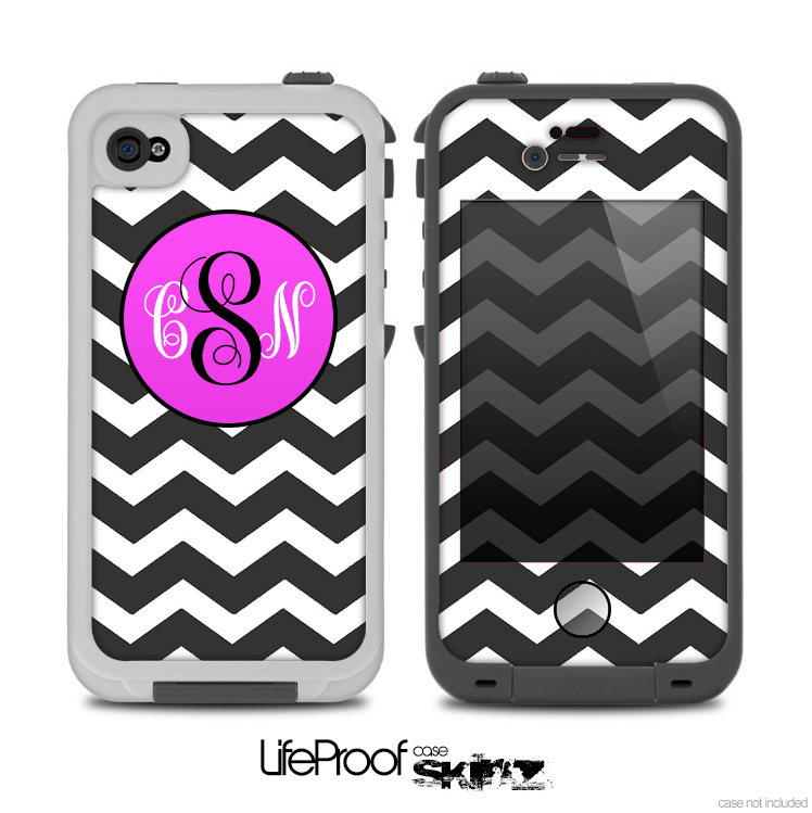 The Black & White Chevron Pattern with Pink Monogram v2 Skin for the iPhone 4-4s or 5 LifeProof Case