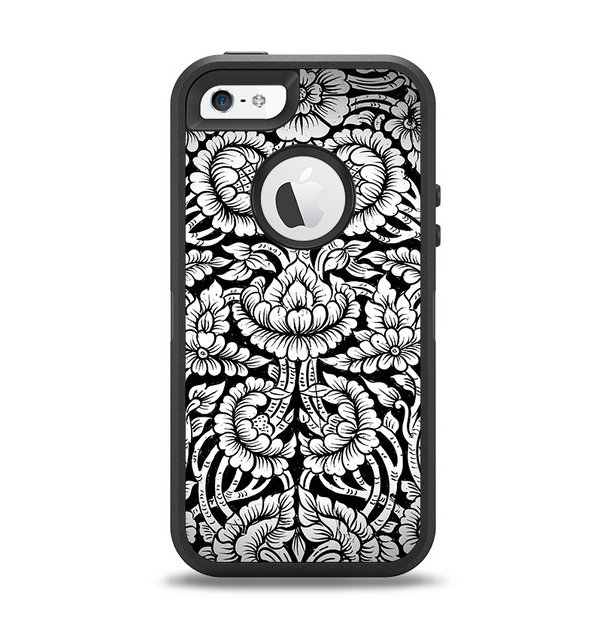The Black & White Mirrored Floral Pattern V2 Apple iPhone 5-5s Otterbox Defender Case Skin Set