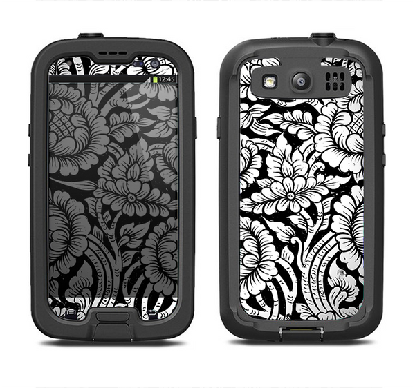 The Black & White Mirrored Floral Pattern V2 Samsung Galaxy S4 LifeProof Fre Case Skin Set