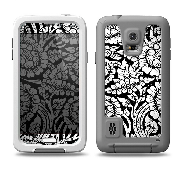 The Black & White Mirrored Floral Pattern V2 Samsung Galaxy S5 LifeProof Fre Case Skin Set