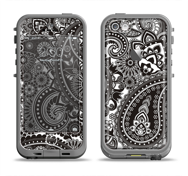 The Black & White Paisley Pattern V1 Apple iPhone 5c LifeProof Fre Case Skin Set