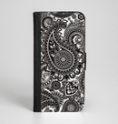 The Black & White Paisley Pattern V1 Ink-Fuzed Leather Folding Wallet Case for the iPhone 6/6s, 6/6s Plus, 5/5s and 5c