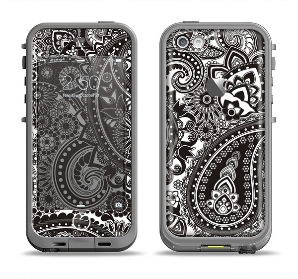 The Black & White Pasiley Pattern Apple iPhone 5c LifeProof Fre Case Skin Set