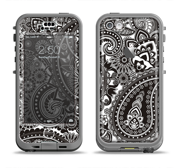 The Black & White Pasiley Pattern Apple iPhone 5c LifeProof Nuud Case Skin Set