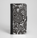 The Black & White Pasiley Pattern Ink-Fuzed Leather Folding Wallet Case for the iPhone 6/6s, 6/6s Plus, 5/5s and 5c