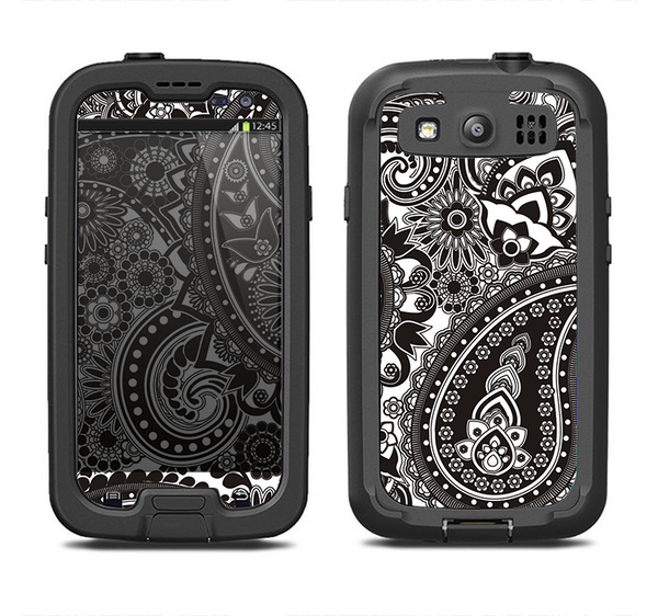The Black & White Pasiley Pattern Samsung Galaxy S3 LifeProof Fre Case Skin Set