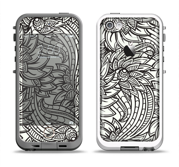The Black & White Vector Floral Connect Apple iPhone 5-5s LifeProof Fre Case Skin Set