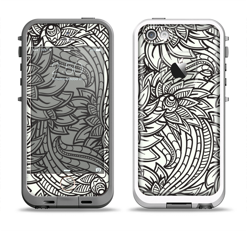 The Black & White Vector Floral Connect Apple iPhone 5-5s LifeProof Fre Case Skin Set