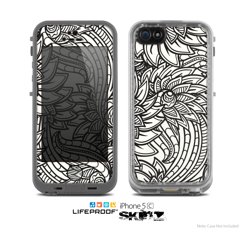 The Black & White Vector Floral Connect Skin for the Apple iPhone 5c LifeProof Case