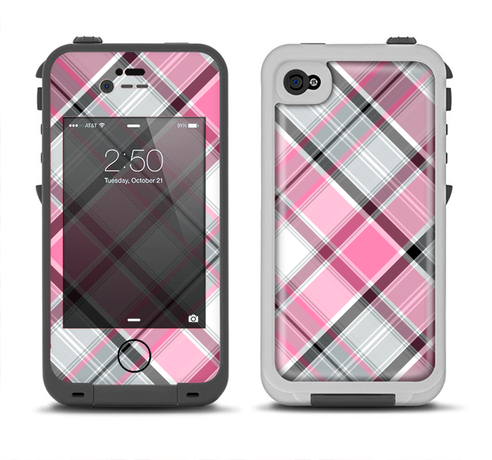 The Black and Pink Layered Plaid V5 Apple iPhone 4-4s LifeProof Fre Case Skin Set