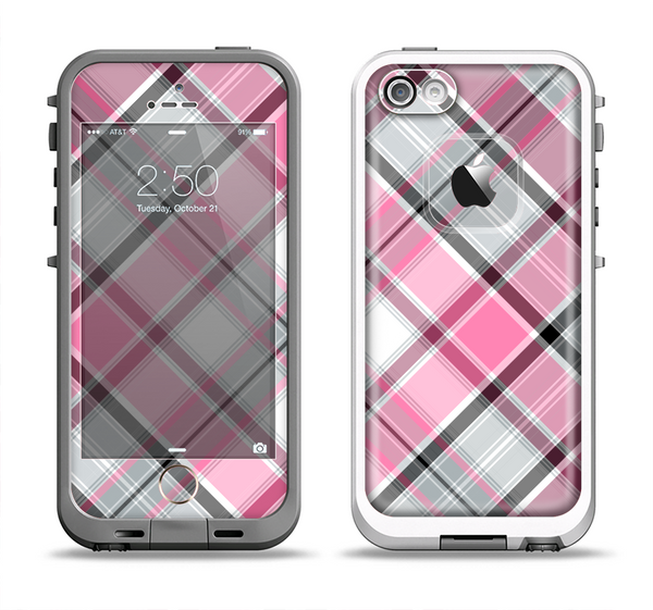 The Black and Pink Layered Plaid V5 Apple iPhone 5-5s LifeProof Fre Case Skin Set