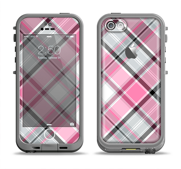The Black and Pink Layered Plaid V5 Apple iPhone 5c LifeProof Fre Case Skin Set