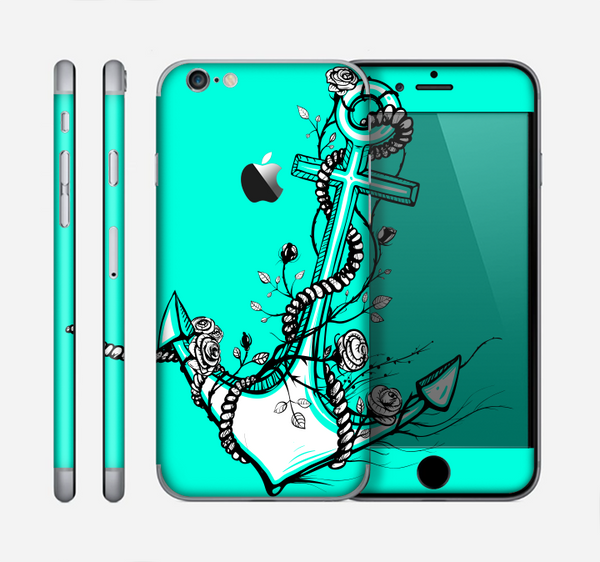 The Black and White Anchor with Roses Over Teal Skin for the Apple iPhone 6