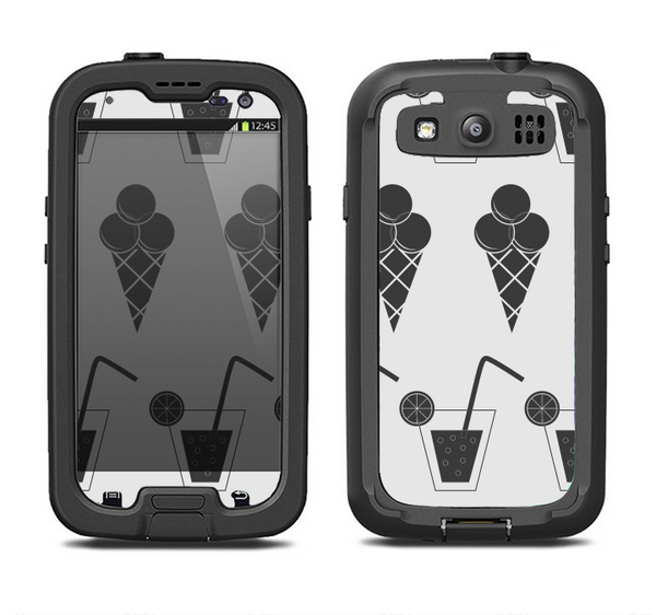 The Black and White Icecream and Drink Pattern Samsung Galaxy S3 LifeProof Fre Case Skin Set