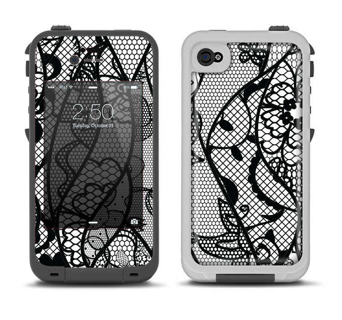 The Black and White Lace Design Apple iPhone 4-4s LifeProof Fre Case Skin Set