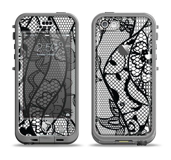The Black and White Lace Design Apple iPhone 5c LifeProof Nuud Case Skin Set