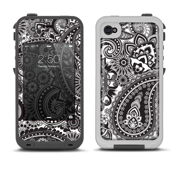 The Black and White Paisley Pattern V6 Apple iPhone 4-4s LifeProof Fre Case Skin Set