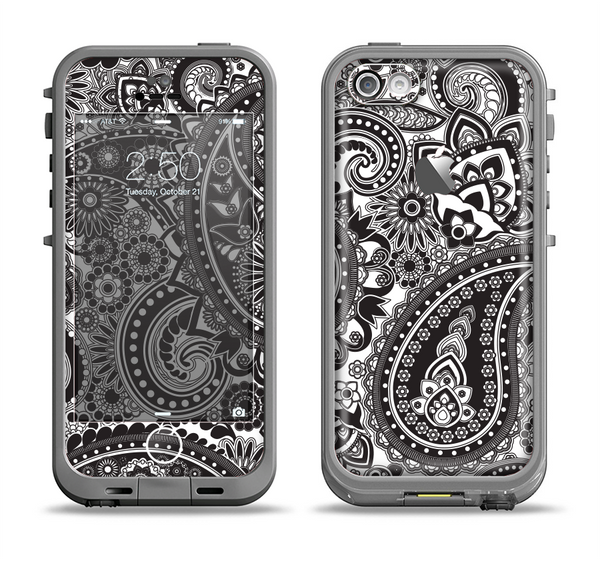The Black and White Paisley Pattern V6 Apple iPhone 5c LifeProof Fre Case Skin Set