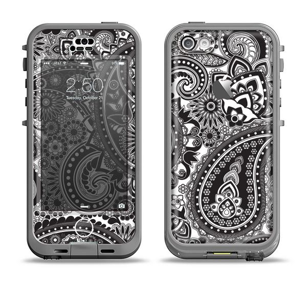 The Black and White Paisley Pattern V6 Apple iPhone 5c LifeProof Nuud Case Skin Set