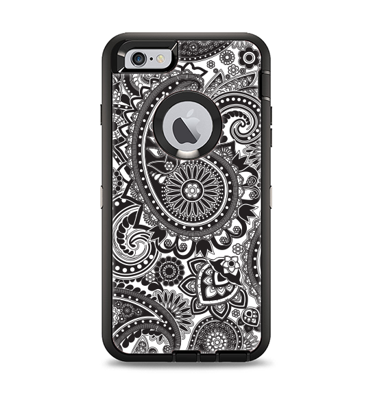 The Black and White Paisley Pattern V6 Apple iPhone 6 Plus Otterbox Defender Case Skin Set