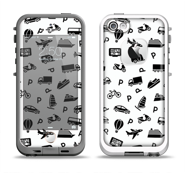 The Black and White Travel Collage Pattern Apple iPhone 5-5s LifeProof Fre Case Skin Set