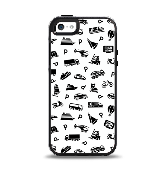 The Black and White Travel Collage Pattern Apple iPhone 5-5s Otterbox Symmetry Case Skin Set