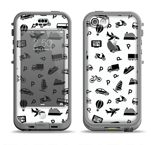 The Black and White Travel Collage Pattern Apple iPhone 5c LifeProof Nuud Case Skin Set
