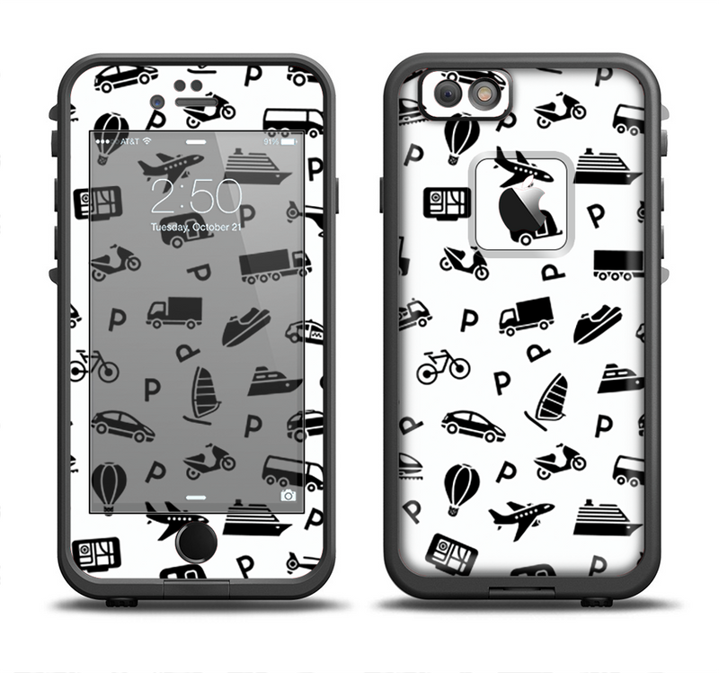 The Black and White Travel Collage Pattern Apple iPhone 6/6s LifeProof Fre Case Skin Set
