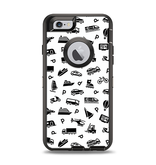The Black and White Travel Collage Pattern Apple iPhone 6 Otterbox Defender Case Skin Set