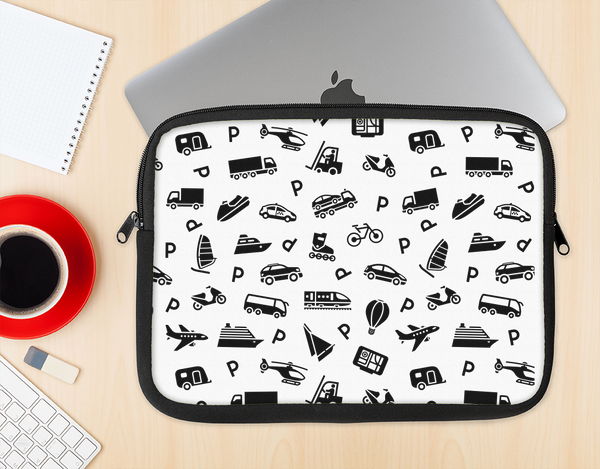 The Black and White Travel Collage Pattern Ink-Fuzed NeoPrene MacBook Laptop Sleeve