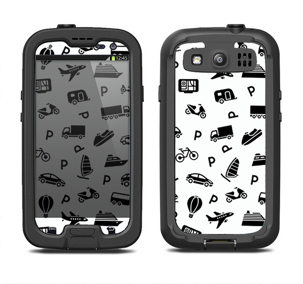The Black and White Travel Collage Pattern Samsung Galaxy S3 LifeProof Fre Case Skin Set