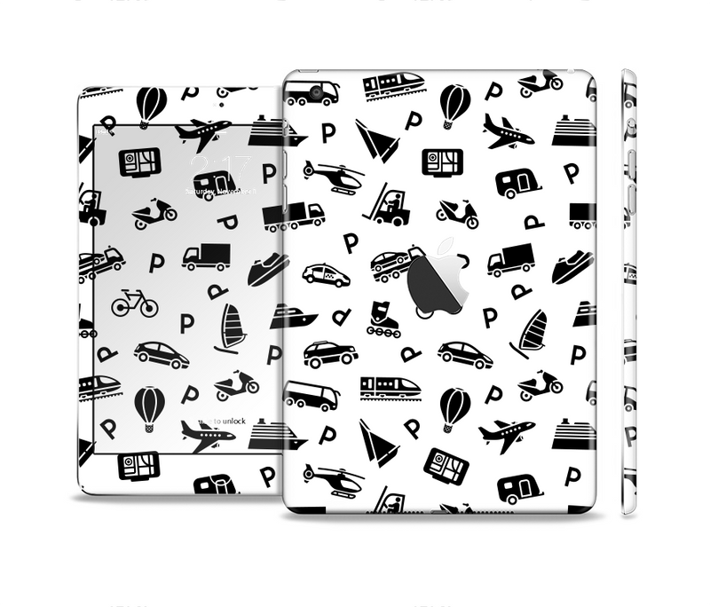 The Black and White Travel Collage Pattern Skin Set for the Apple iPad Mini 4