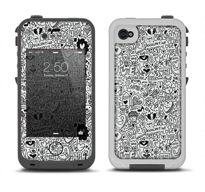 The Black and White Valentine Sketch Pattern Apple iPhone 4-4s LifeProof Fre Case Skin Set