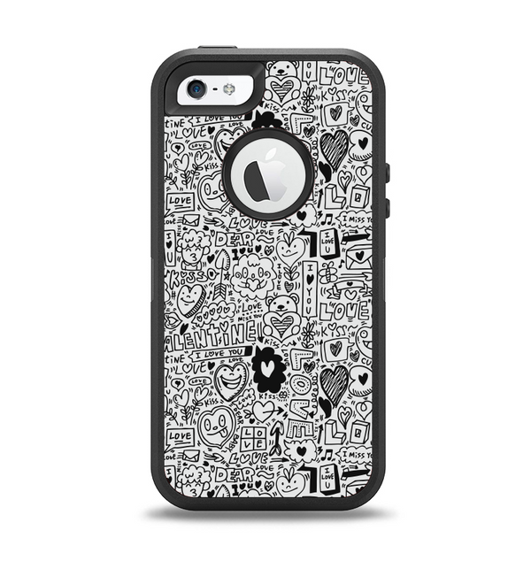 The Black and White Valentine Sketch Pattern Apple iPhone 5-5s Otterbox Defender Case Skin Set