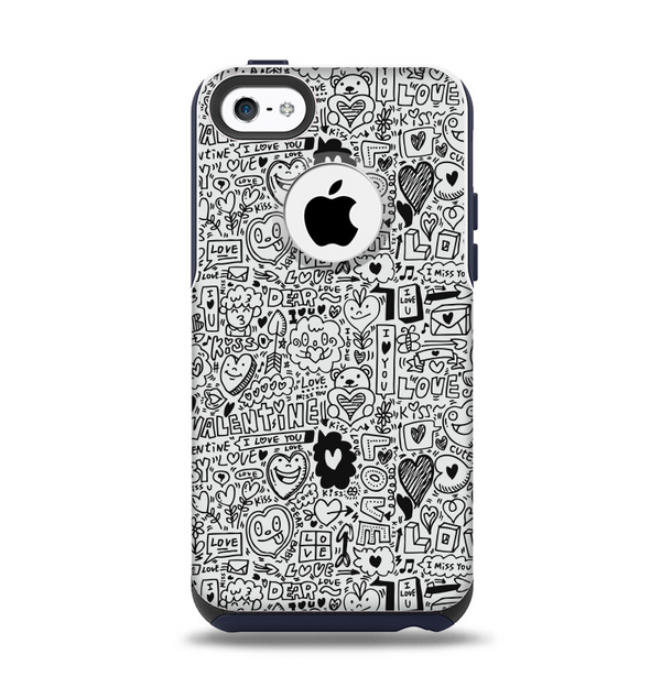 The Black and White Valentine Sketch Pattern Apple iPhone 5c Otterbox Commuter Case Skin Set