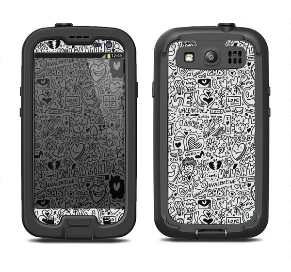 The Black and White Valentine Sketch Pattern Samsung Galaxy S3 LifeProof Fre Case Skin Set