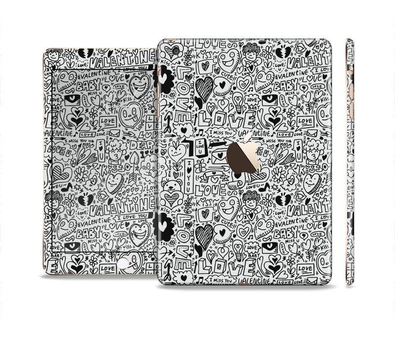 The Black and White Valentine Sketch Pattern Full Body Skin Set for the Apple iPad Mini 3