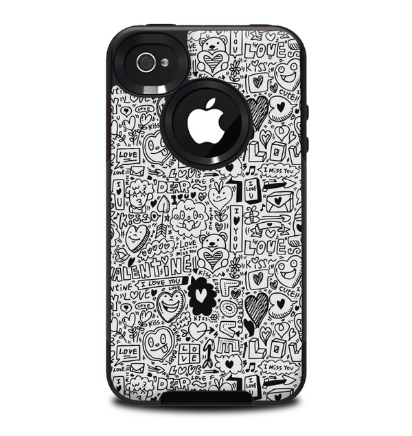 The Black and White Valentine Sketch Pattern Skin for the iPhone 4-4s OtterBox Commuter Case