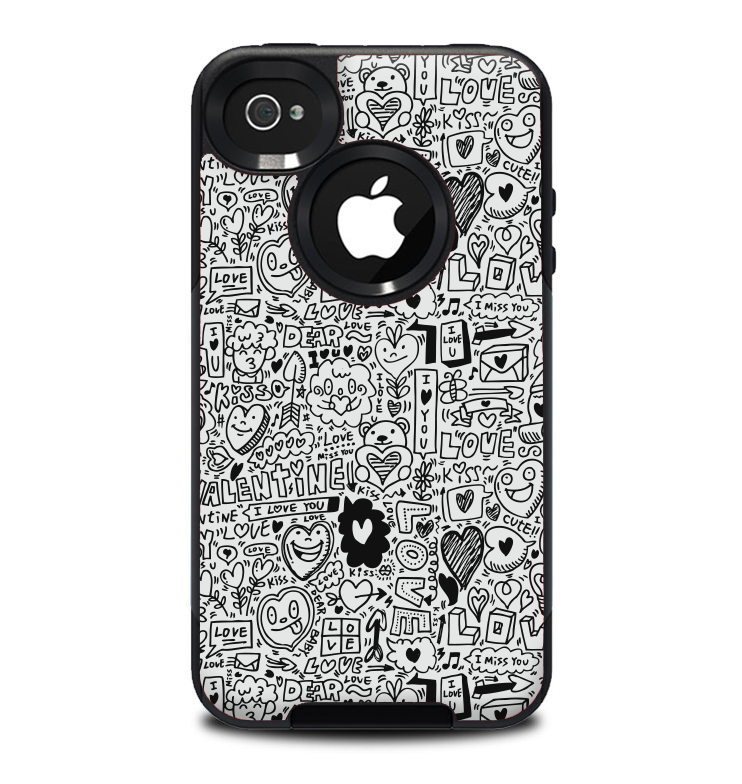 The Black and White Valentine Sketch Pattern Skin for the iPhone 4-4s OtterBox Commuter Case