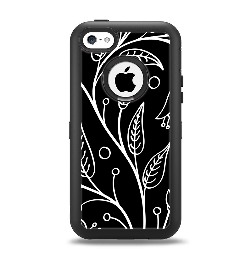 The Black and White Vector Branches Apple iPhone 5c Otterbox Defender Case Skin Set